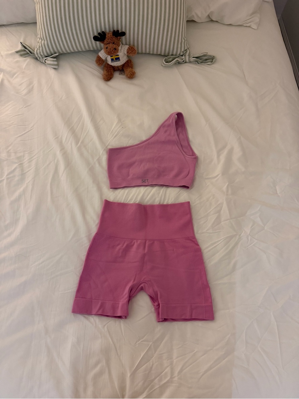 SET Active One-Shoulder Sports Bra & High-Waist Shorts - sculpt flex FLAMINGO